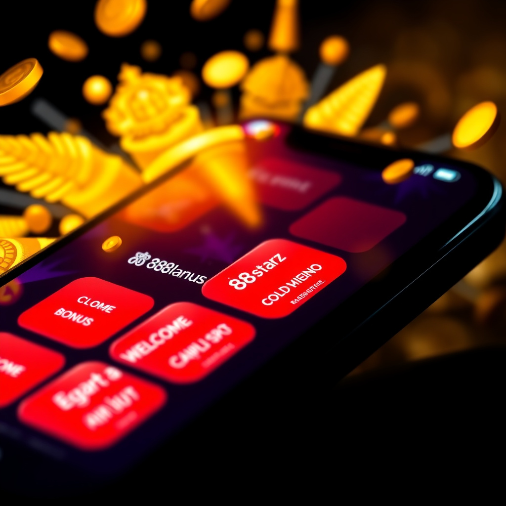 Macro close-up of a smartphone screen featuring the 888starz official interface with red buttons, featuring the Arabic text \